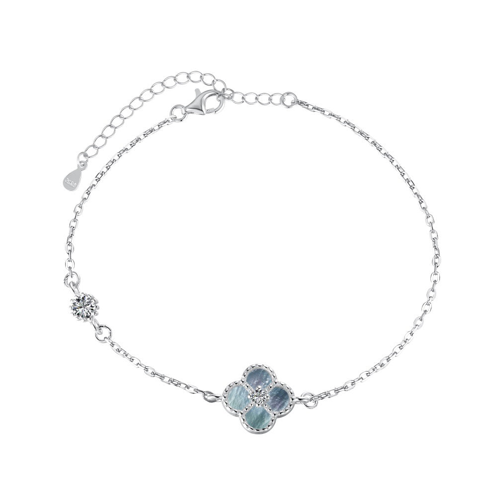 S925 Sterling Silver Four-Leaf Clover Natural Pearly Gray Mother-of-Pearl Round Zircon Bracelet Necklace Earrings
