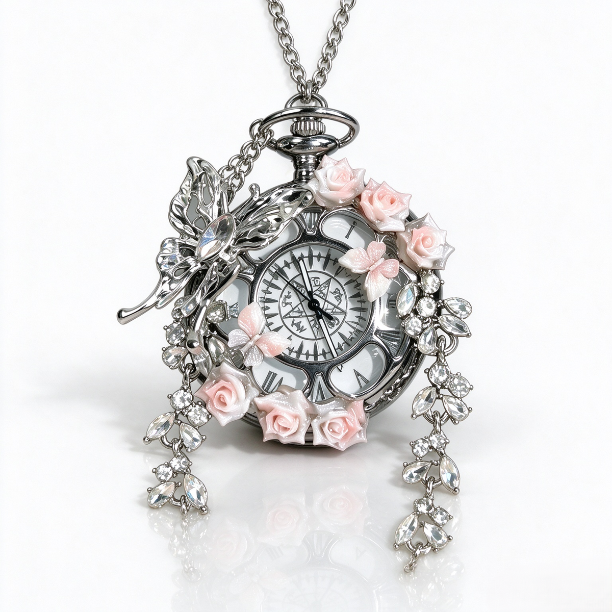 Movable Butterfly Pocket Watch, Handmade Floral Quartz Pocket Watch Necklace