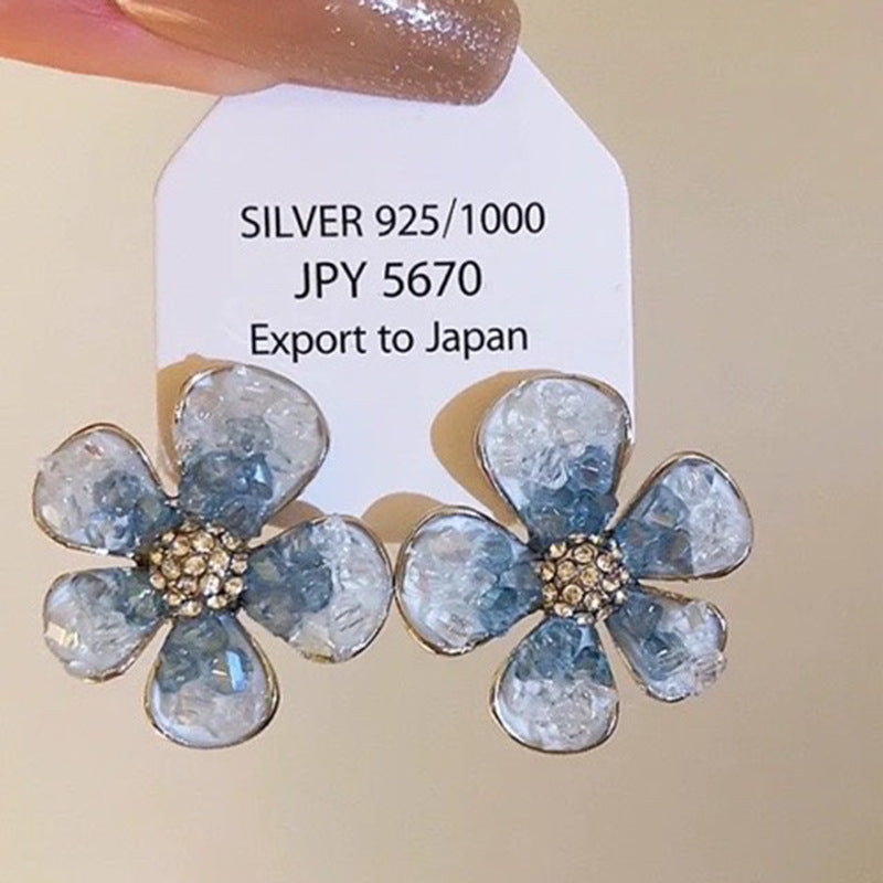 Silver needle gradient blue butterfly flower earrings