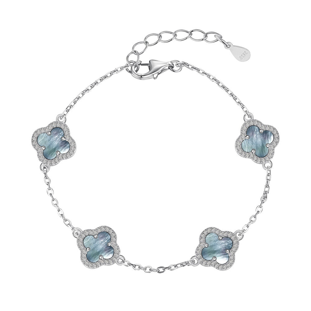 S925 Sterling Silver Four-Leaf Clover Natural Pearly Gray Mother-of-Pearl Round Zircon Bracelet Necklace Earrings