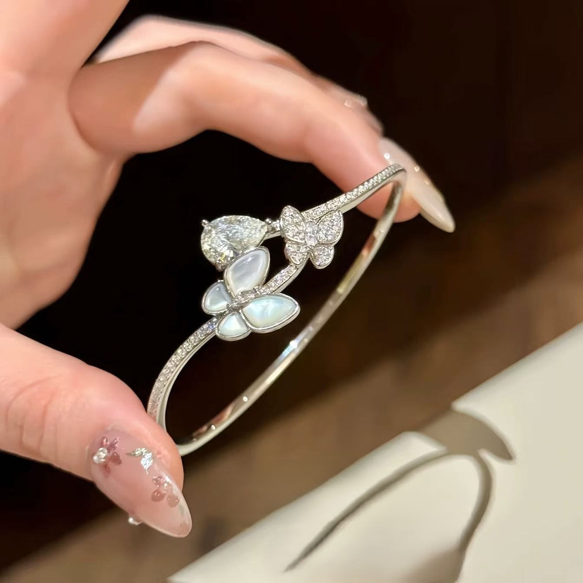 Full Paved Zircon Cat's Eye Butterfly Bangle Bracelet