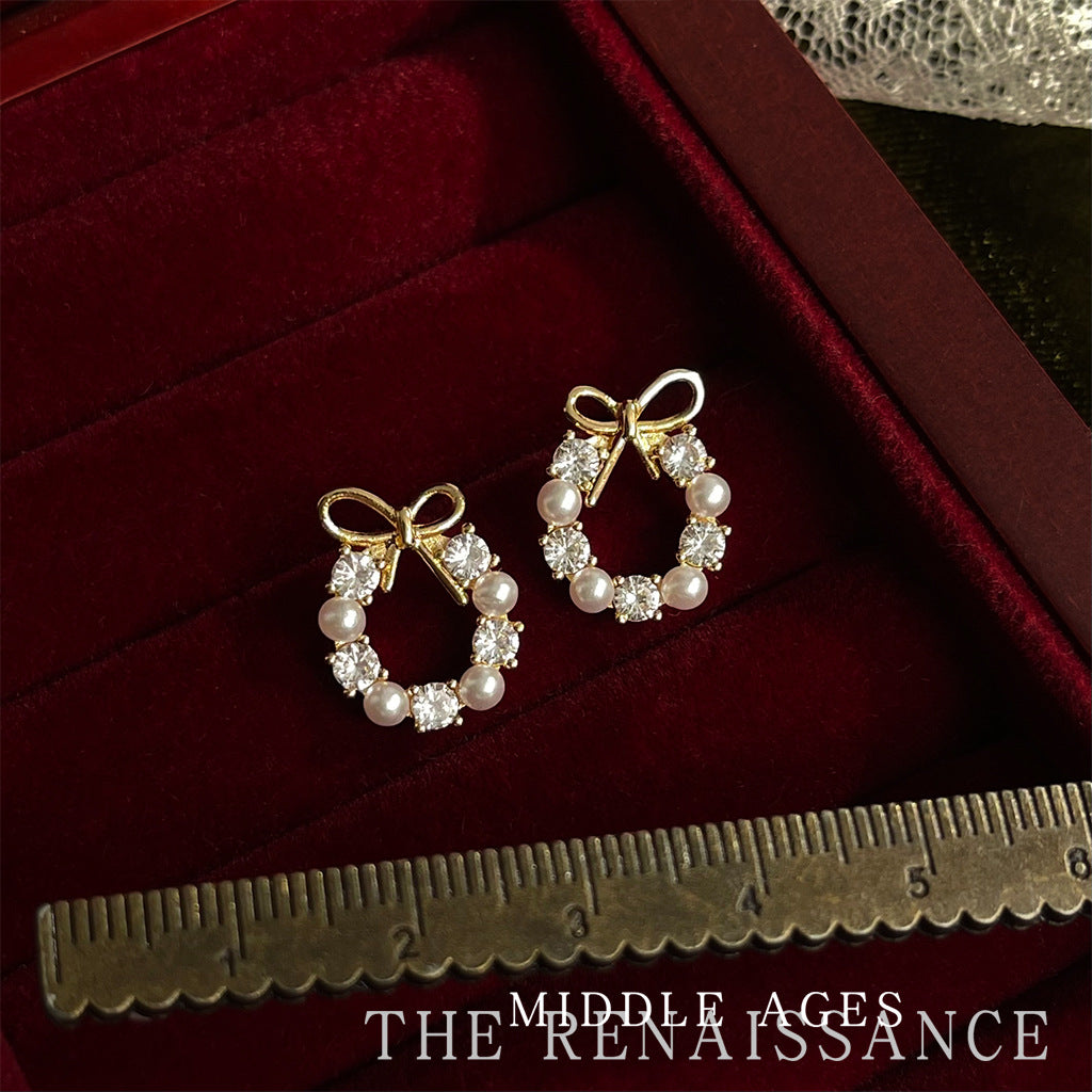 Christmas limited ~vintage Christmas series zircon bell bow earrings