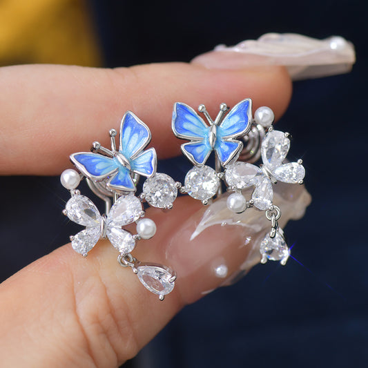 Blue drop butterfly zircon drop pearl earrings