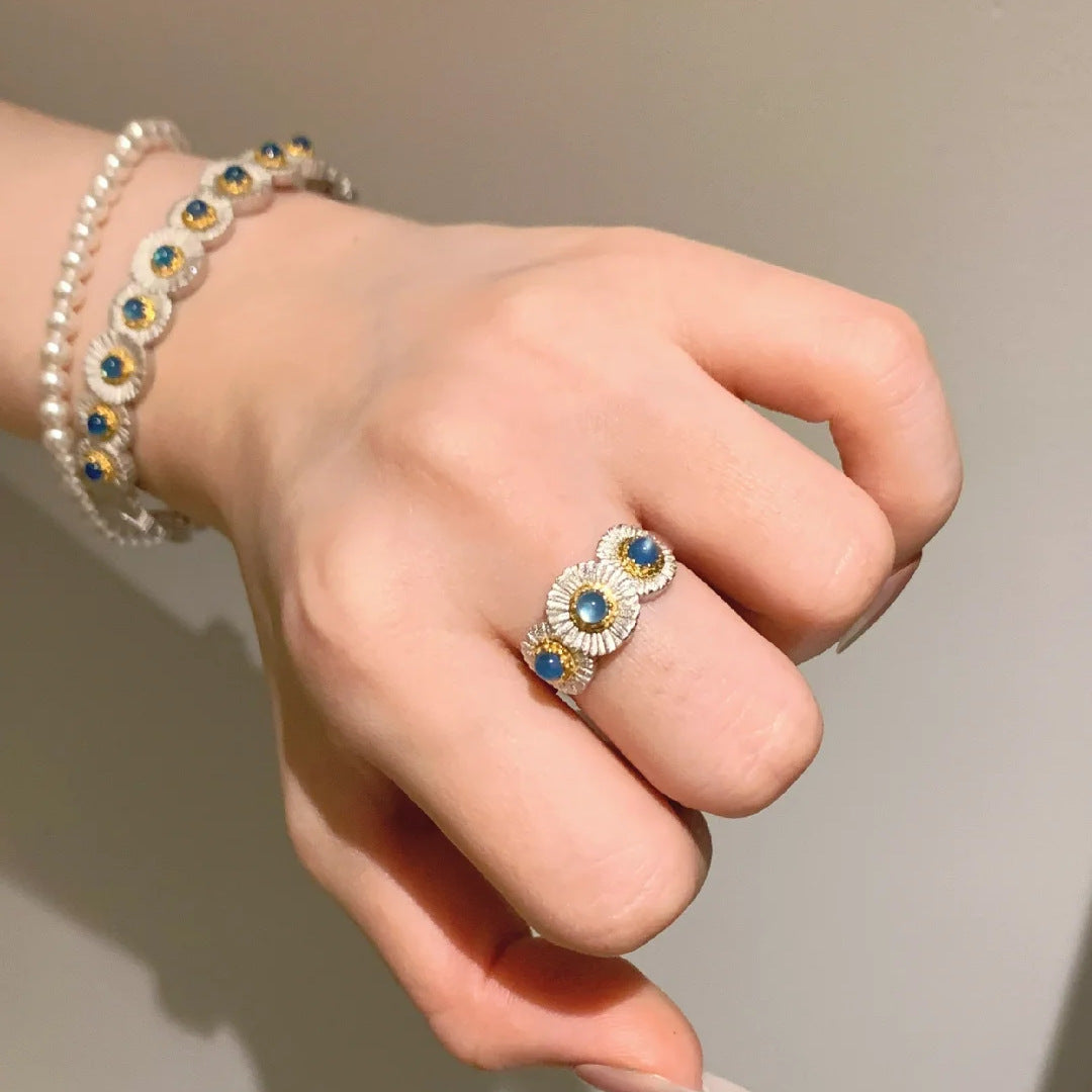 Blue chalcedony daisy bracelet ring set