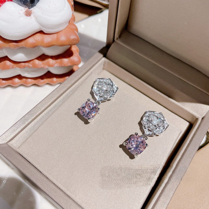 18K gold-plated rose flower gem zircon flash diamond earrings ring necklace set