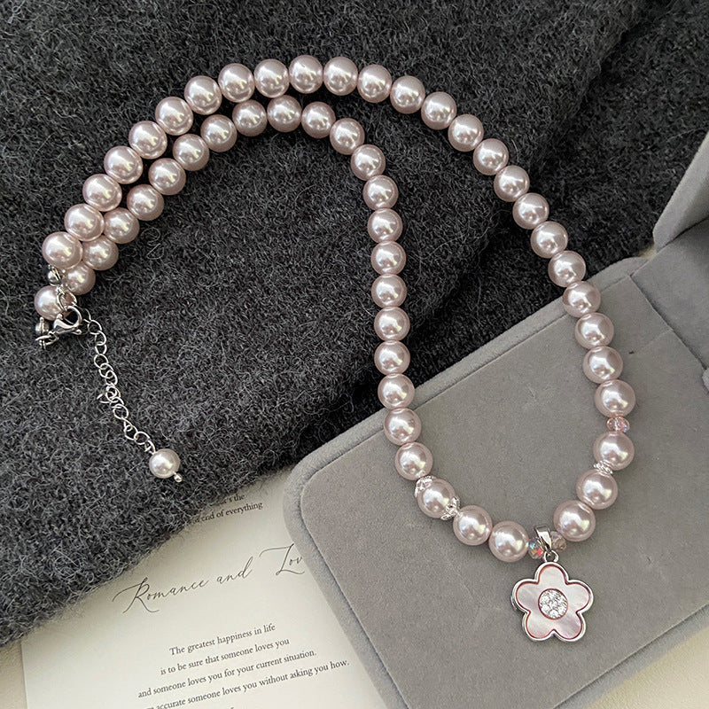 Natural pink Fritillaria Manta rose Swarovski pearl necklace