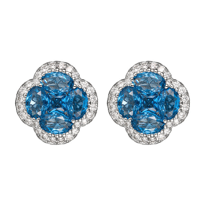 Blue pointed crystal four-leaf clover necklace ring earrings set