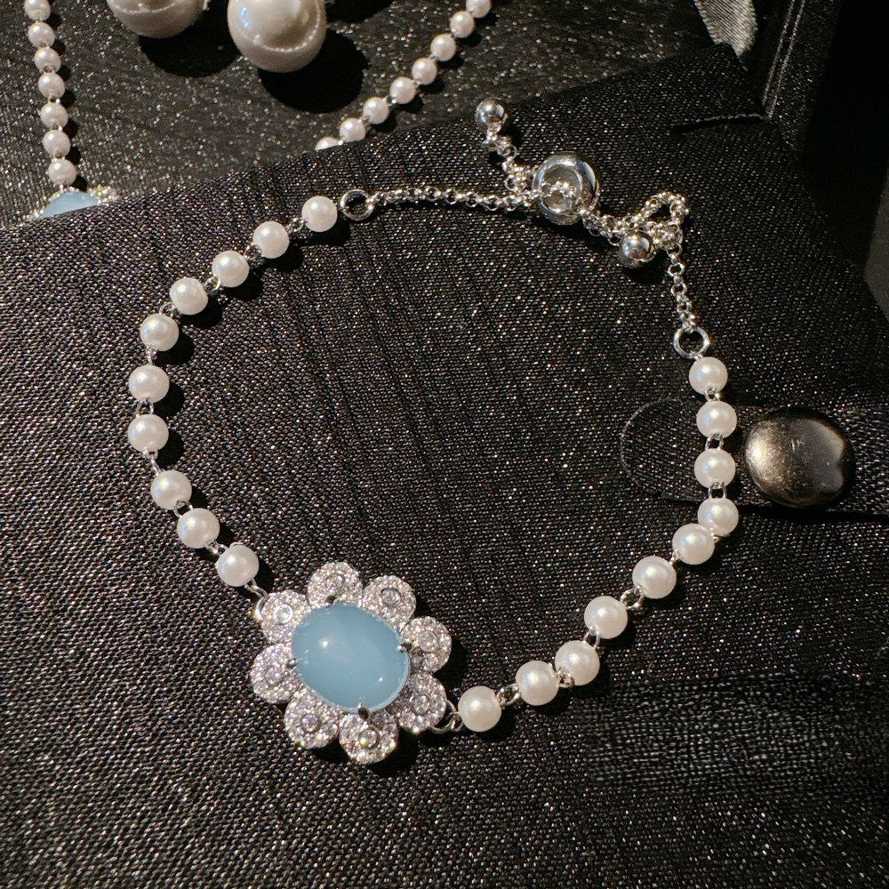 Turkey blue chalcedony deep-sea pearl flower gem pearl necklace bracelet ring earrings set