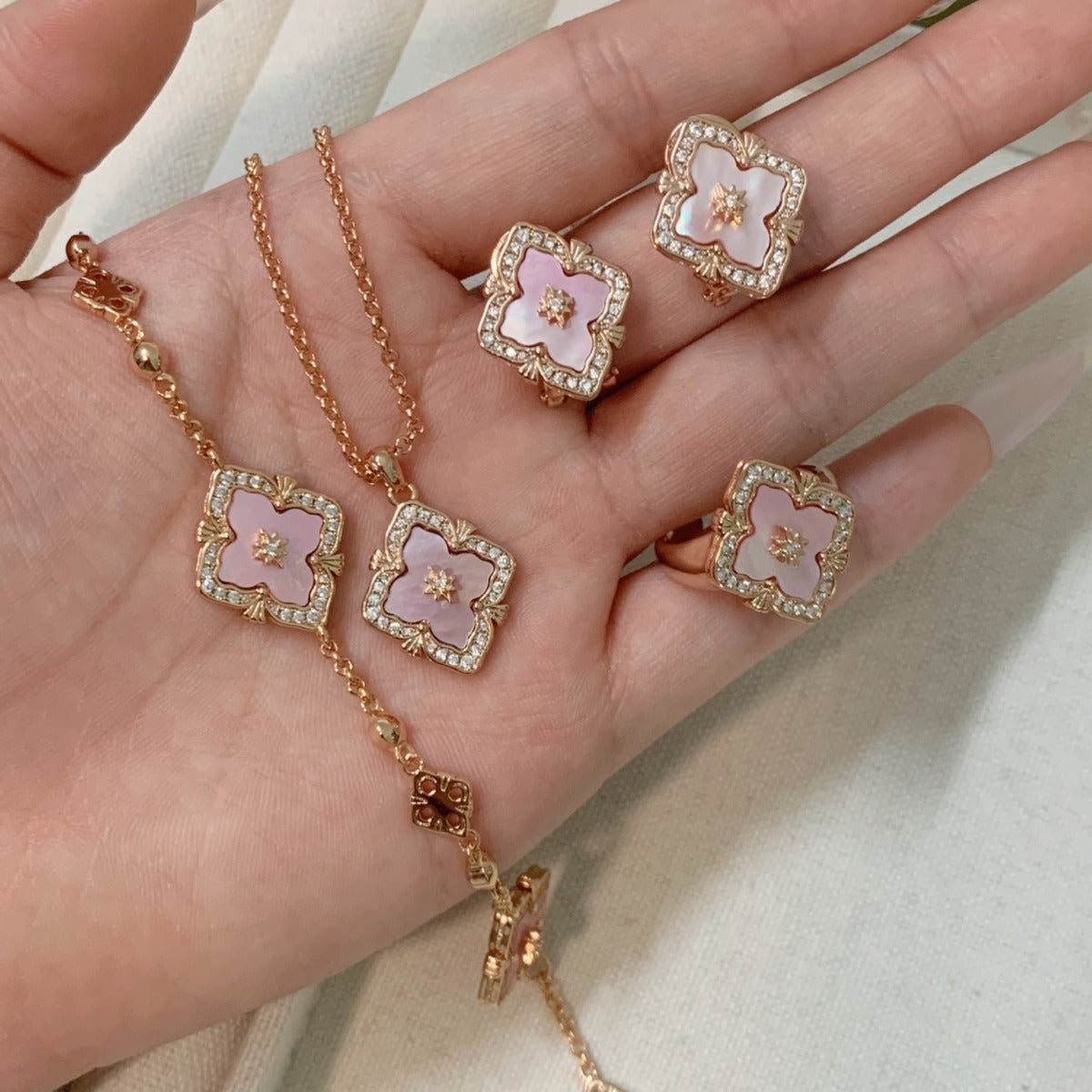 Natural Fritillaria pink clover necklace bracelet ring earrings set