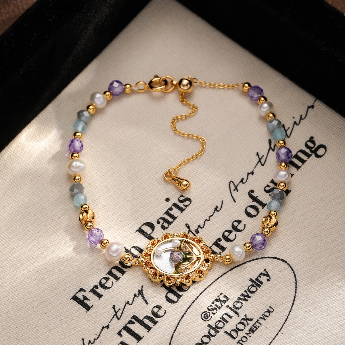 Copper-plated 18k gold oil painting freshwater pearl colored natural stone bracelet