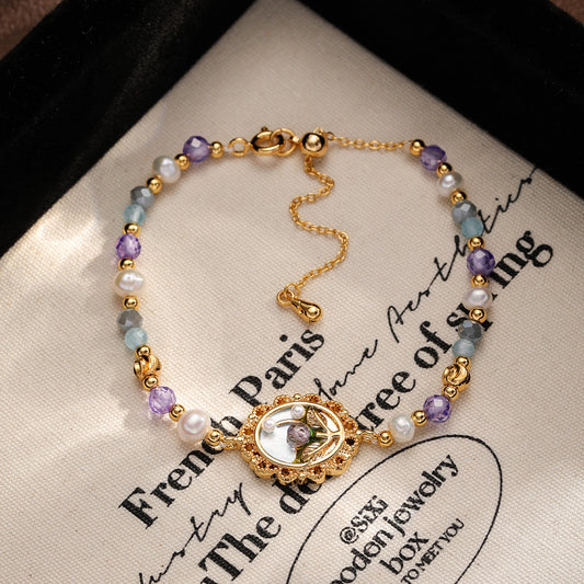 Copper-plated 18k gold oil painting freshwater pearl colored natural stone bracelet