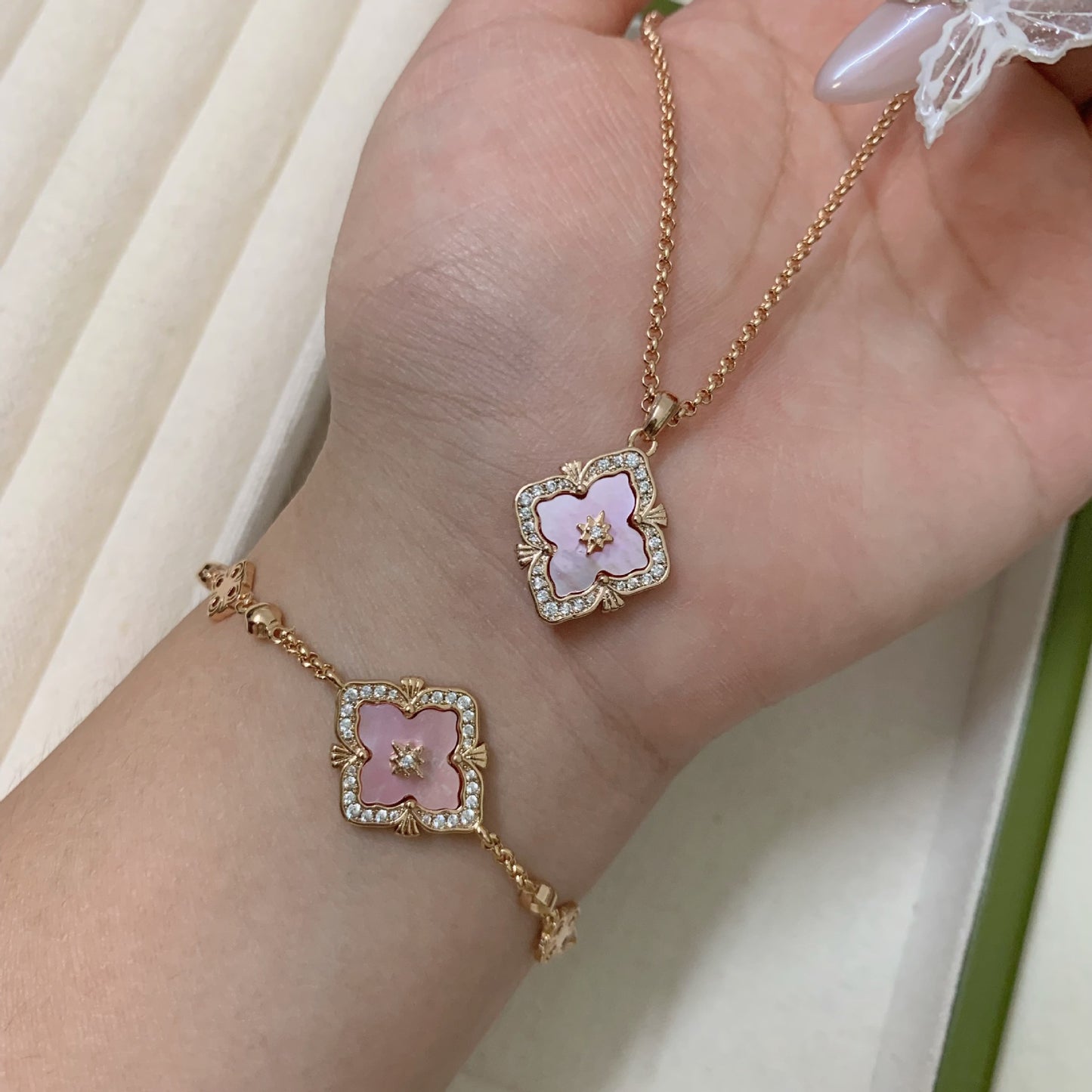 Natural Fritillaria pink clover necklace bracelet ring earrings set