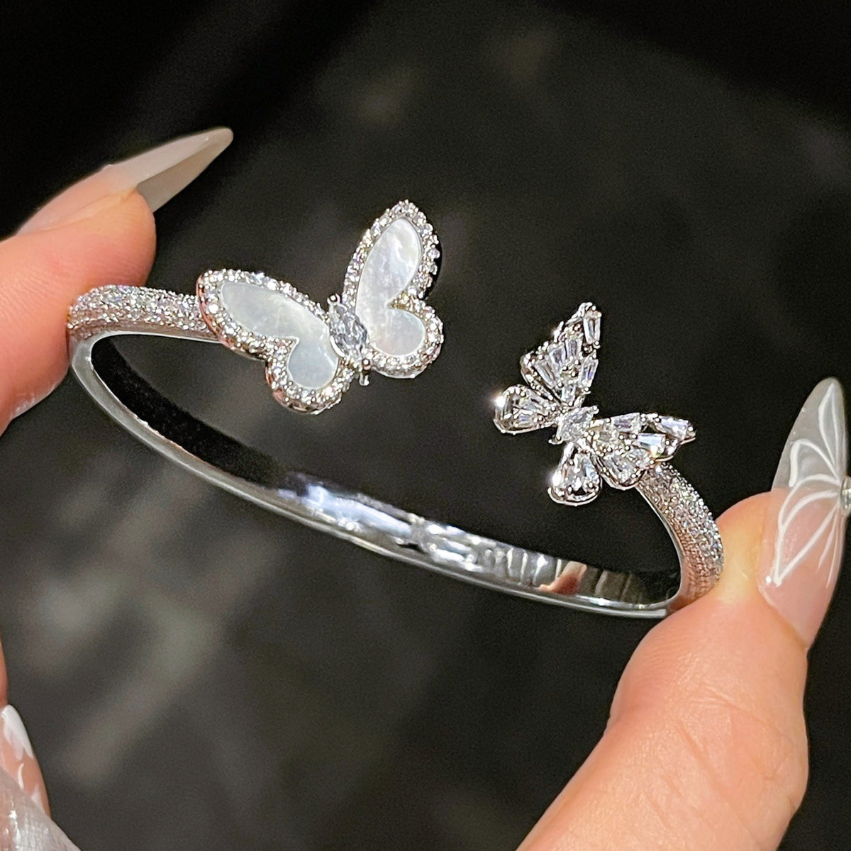 Zircon Mother-of-Pearl Butterfly Open Bangle Bracelet