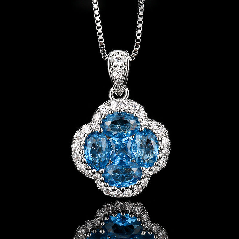 Blue pointed crystal four-leaf clover necklace ring earrings set