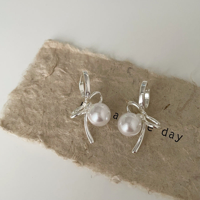 925 silver needle plated with real gold Bow Pearl Earrings