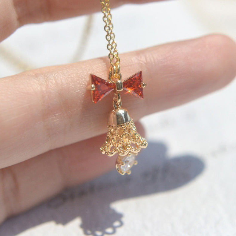 Bell red bow necklace earrings set