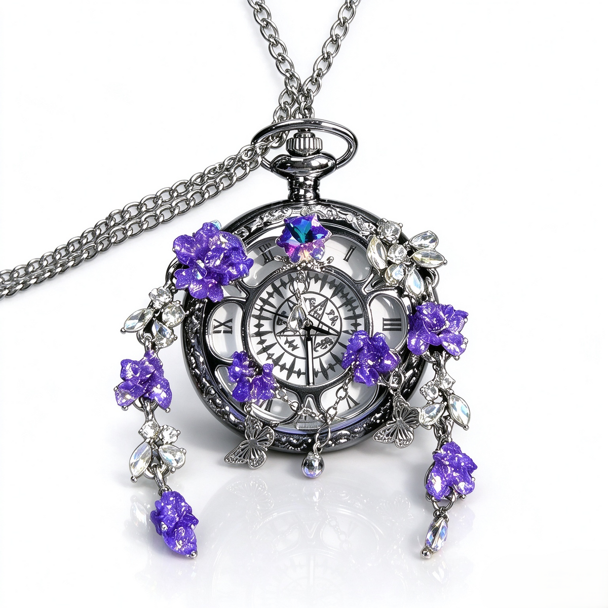 Movable Butterfly Pocket Watch, Handmade Floral Quartz Pocket Watch Necklace