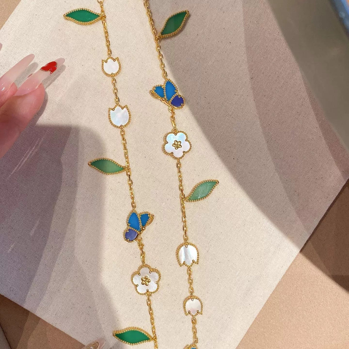 18K Gold Plated Blue Butterfly Five-Flower Bracelet, Necklace, Ring and Earrings, Mother Of Pearl With Green Leaf Charms