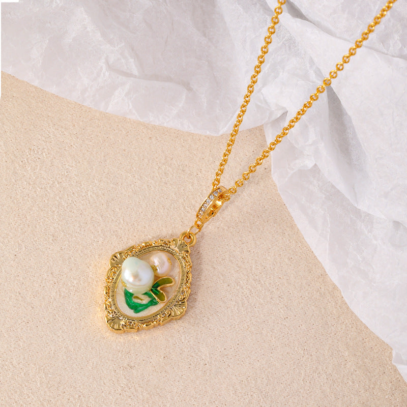 Copper-plated 18k gold oil painting pearl necklace