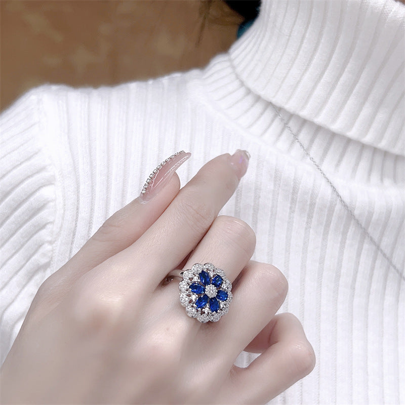 Blue gem flower three-piece ring necklace earrings set