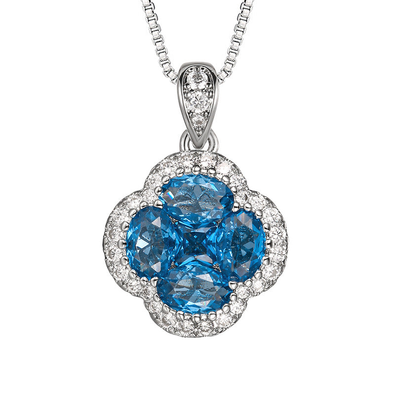 Blue pointed crystal four-leaf clover necklace ring earrings set