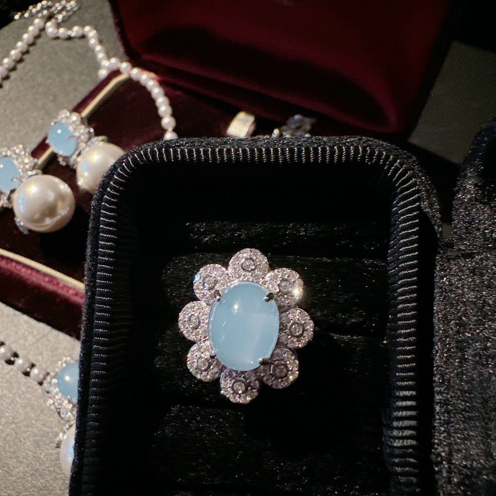 Turkey blue chalcedony deep-sea pearl flower gem pearl necklace bracelet ring earrings set