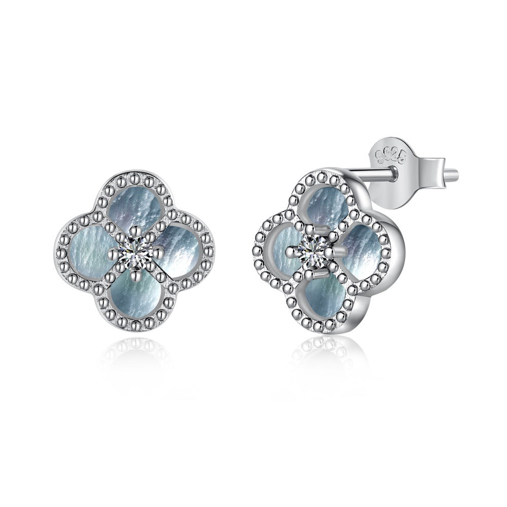 S925 Sterling Silver Four-Leaf Clover Natural Pearly Gray Mother-of-Pearl Round Zircon Bracelet Necklace Earrings
