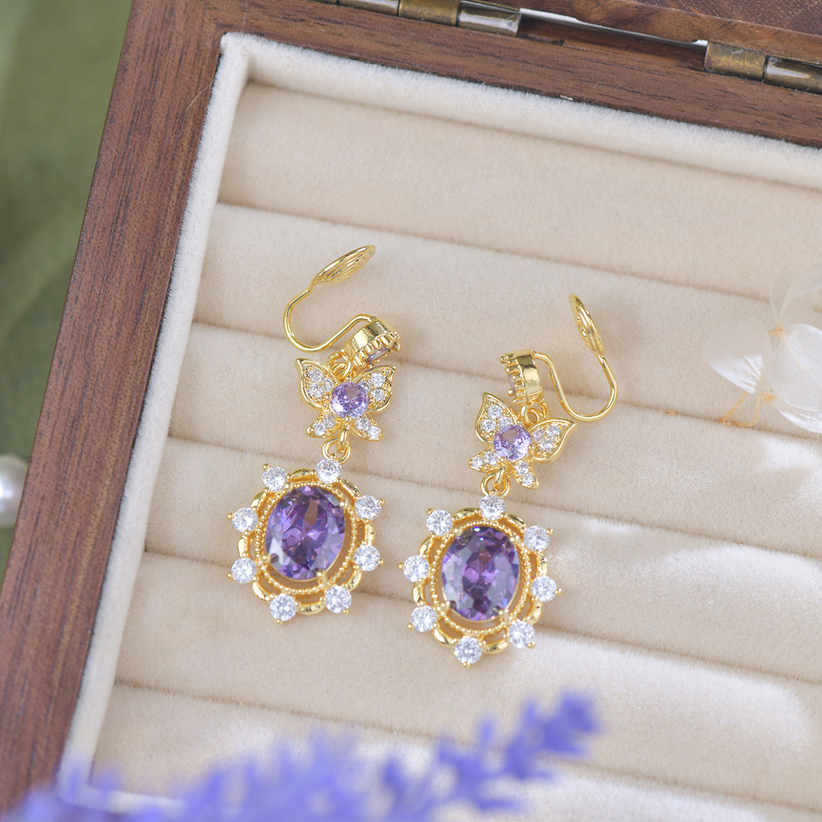 Purple zircon electroplated gold lavender manor butterfly earrings necklace bracelet set