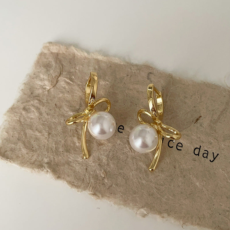 925 silver needle plated with real gold Bow Pearl Earrings