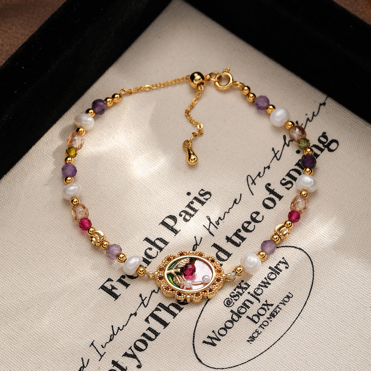 Copper-plated 18k gold oil painting freshwater pearl colored natural stone bracelet