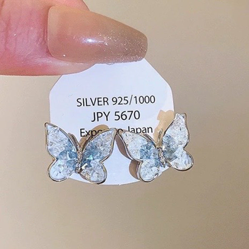 Silver needle gradient blue butterfly flower earrings