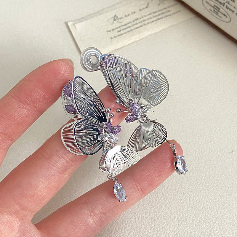 High color-preserving tassels and three-dimensional wings butterfly earrings