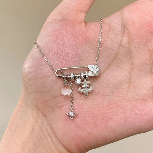 S925 sterling silver brushed iris star pin necklace