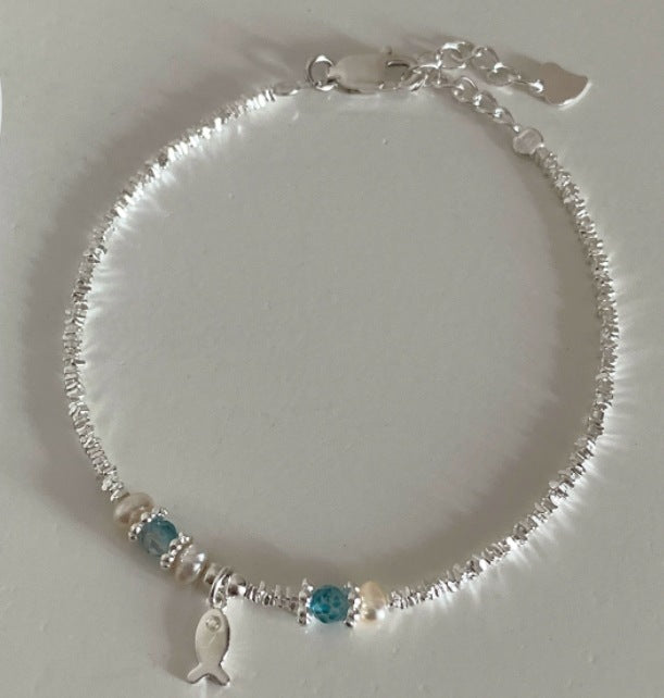 S925 sterling silver blue crystal fish freshwater pearl silver bracelet
