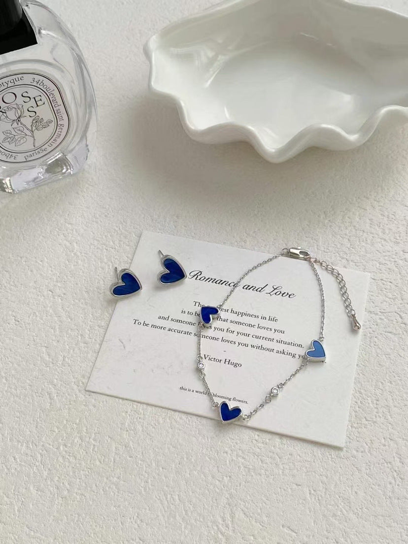 Klein Blue Heart Stud Earrings with S925 Silver Posts, Bracelet