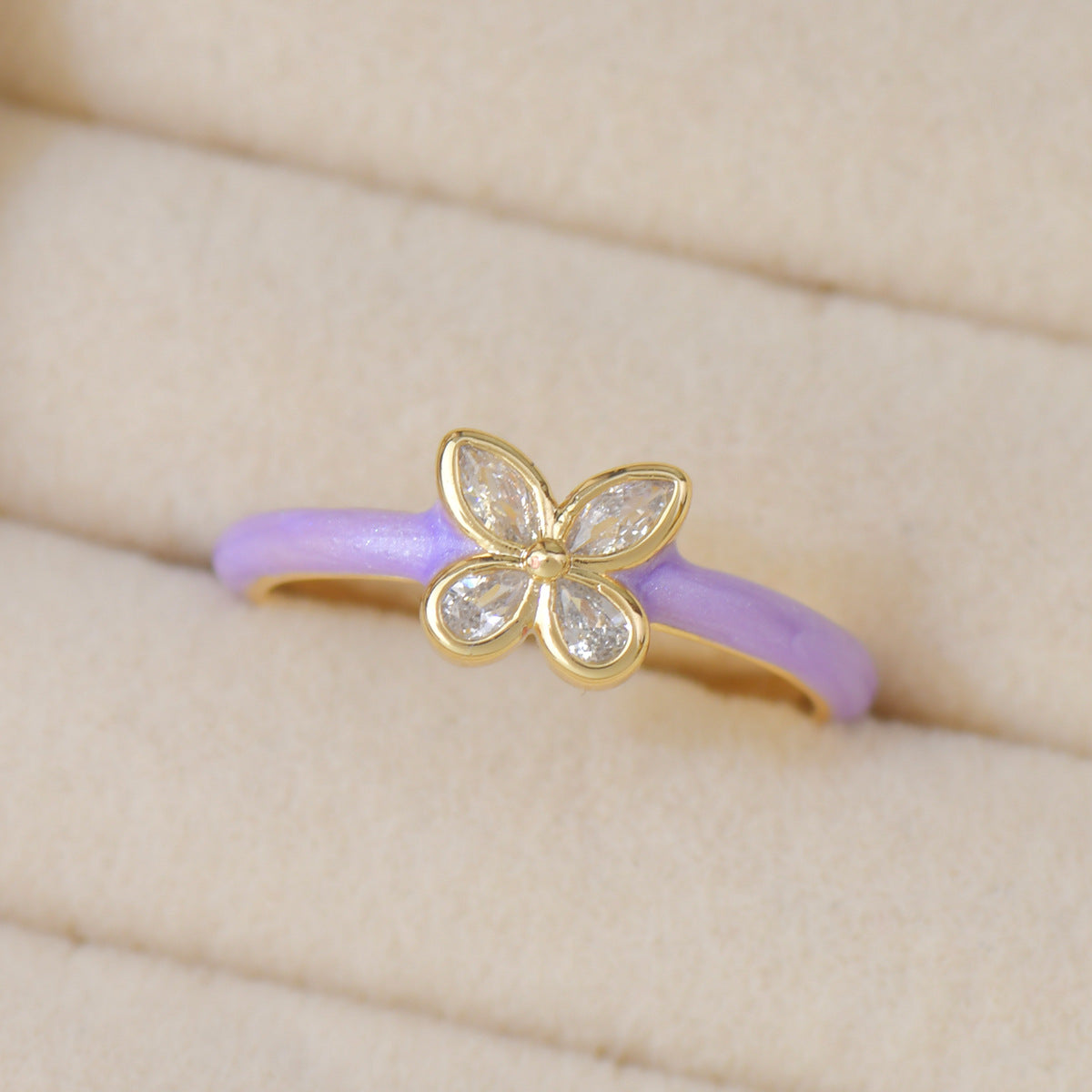 Purple flower dripping zircon butterfly opening ring