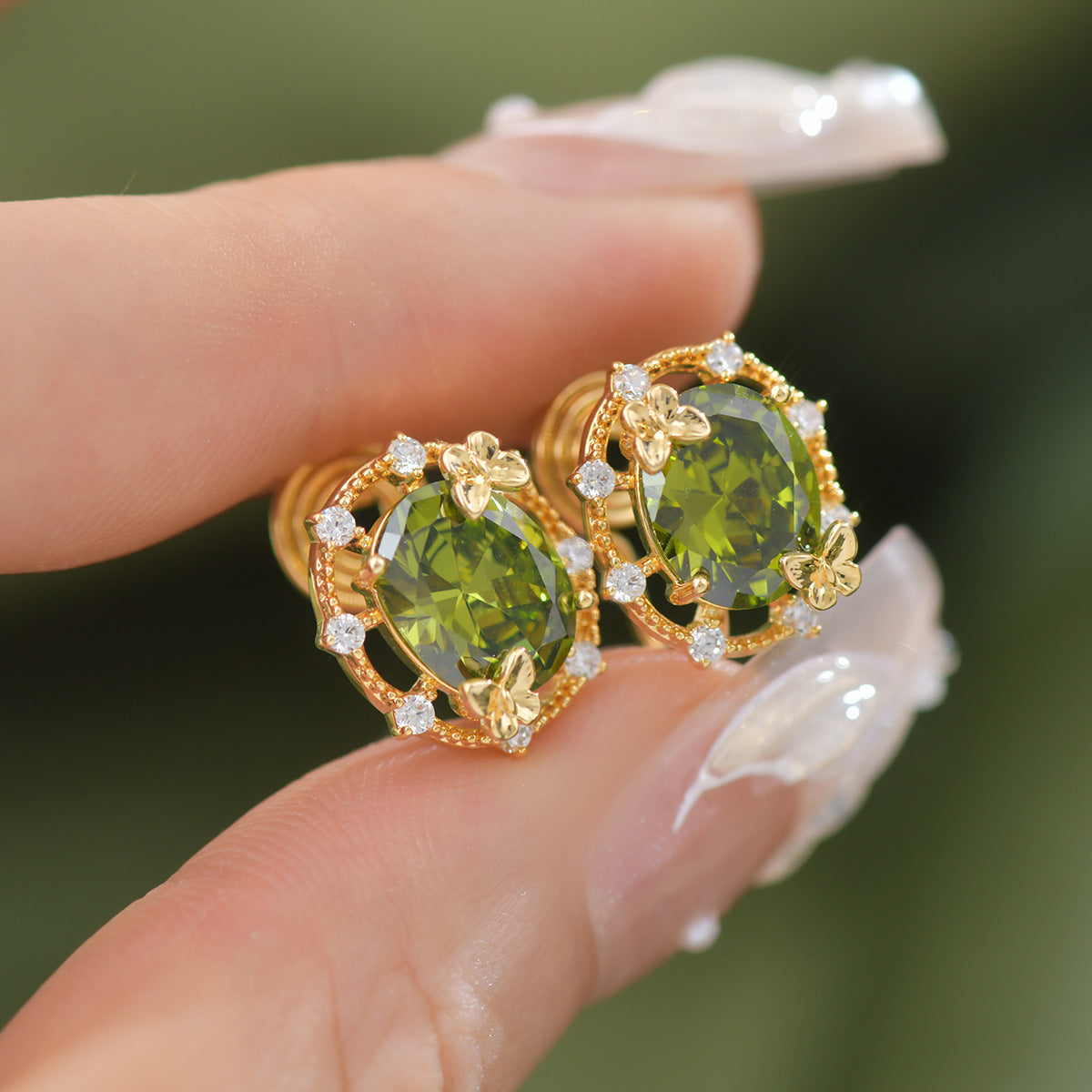 Butterfly olive green zircon hollow earrings ear clip ring bracelet necklace
