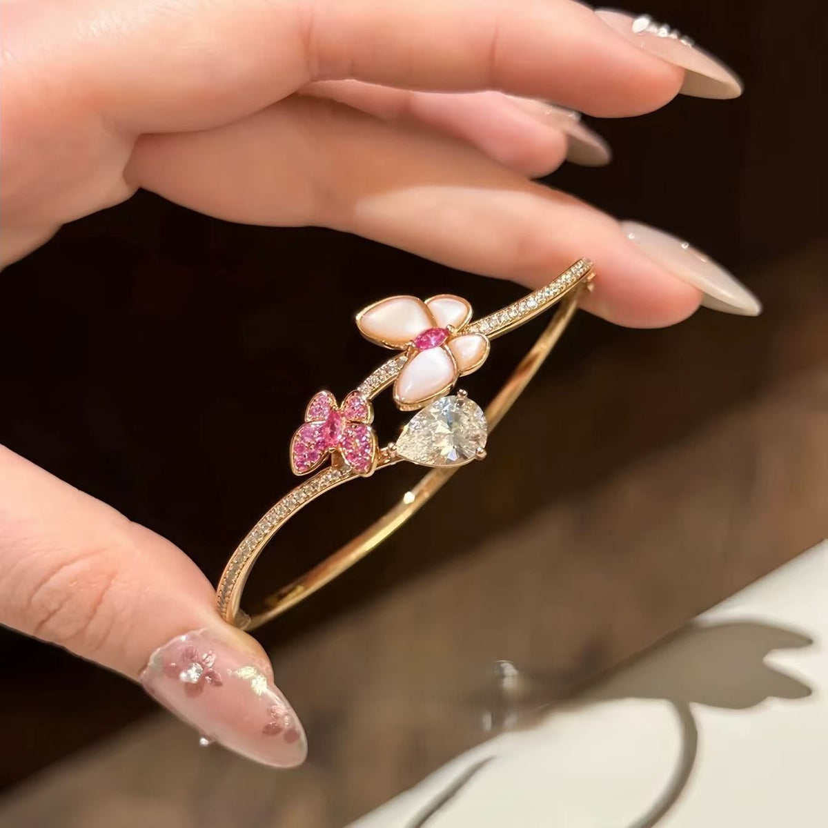 Full Paved Zircon Cat's Eye Butterfly Bangle Bracelet