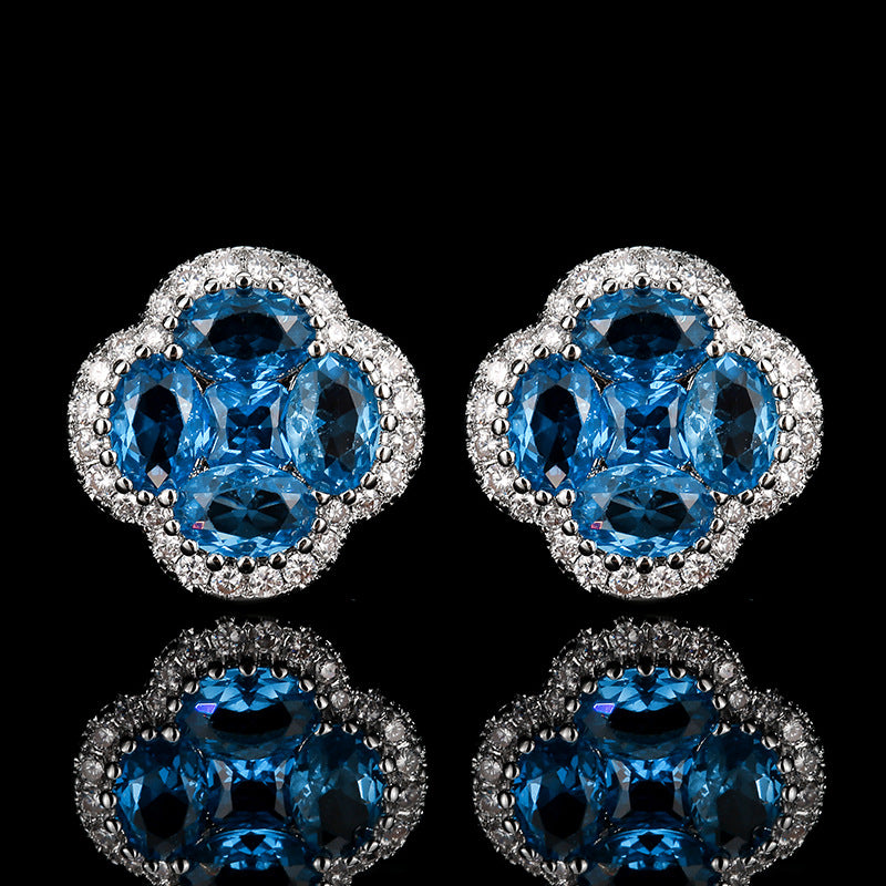 Blue pointed crystal four-leaf clover necklace ring earrings set