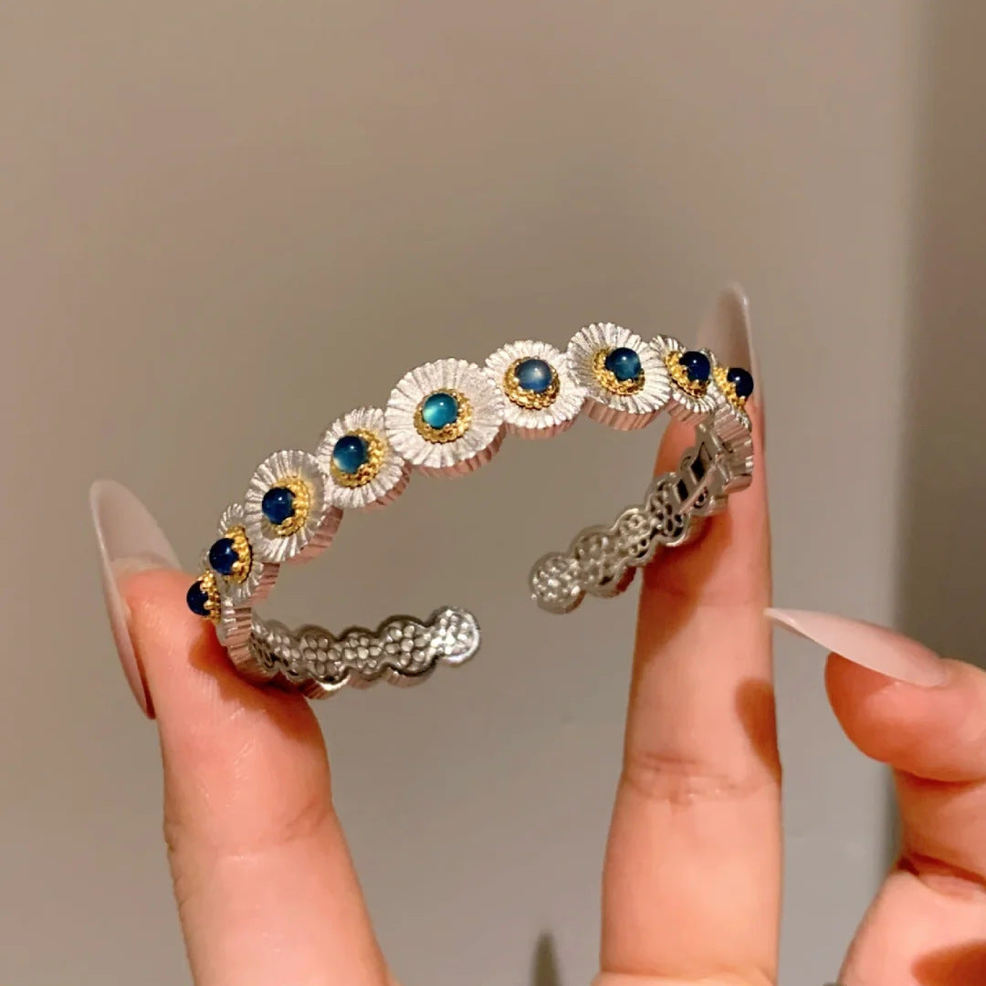 Blue chalcedony daisy bracelet ring set