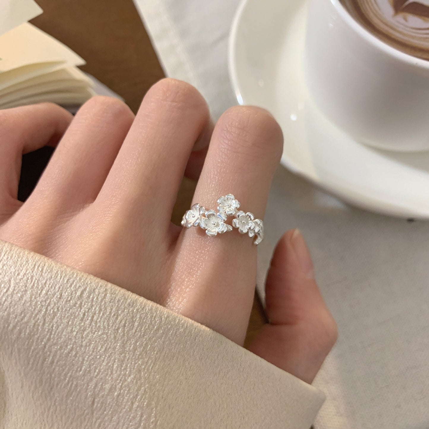 S925 sterling silver flower ring