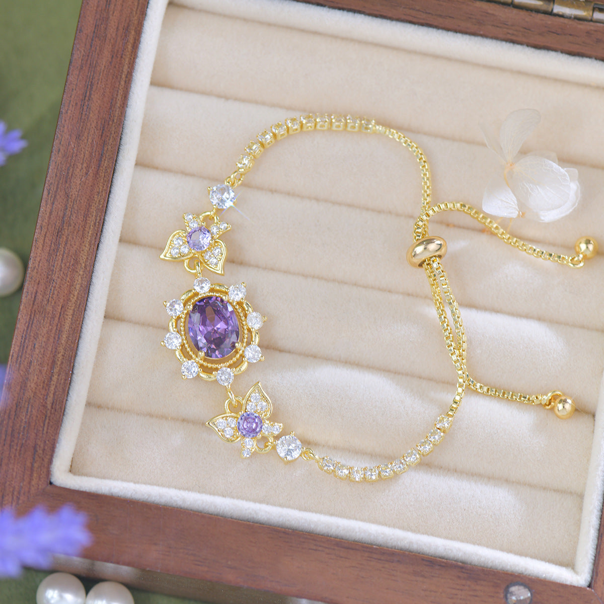 Purple zircon electroplated gold lavender manor butterfly earrings necklace bracelet set