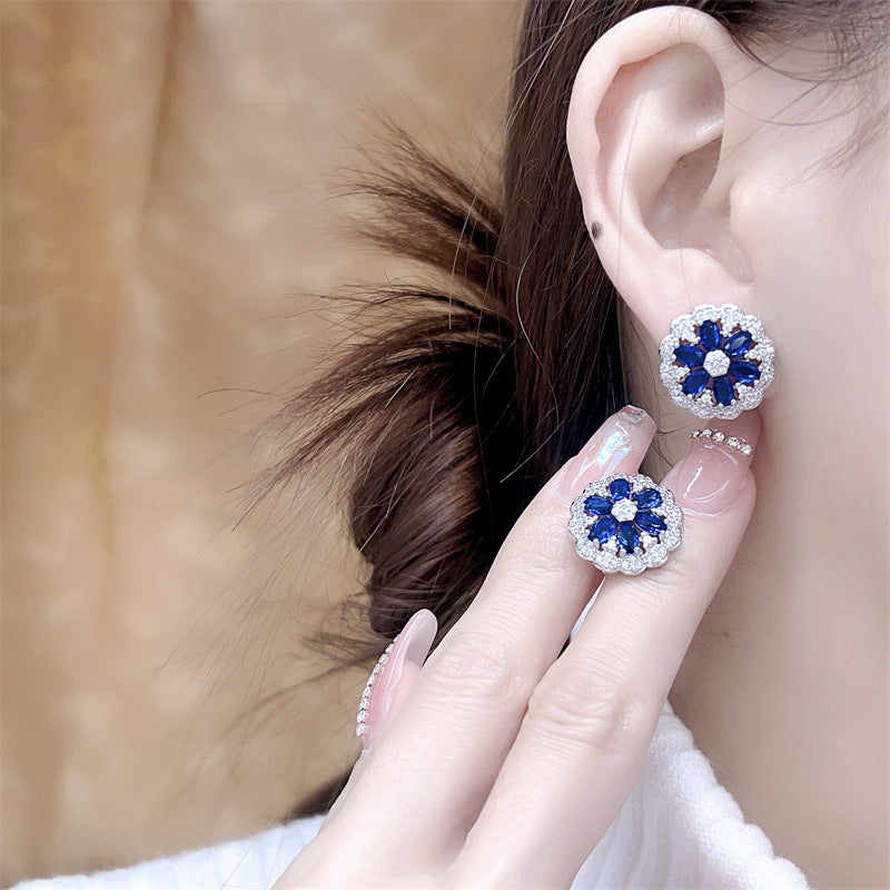 Blue gem flower three-piece ring necklace earrings set