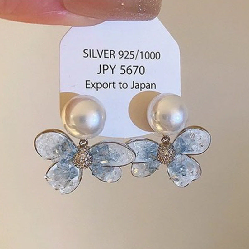 Silver needle gradient blue butterfly flower earrings