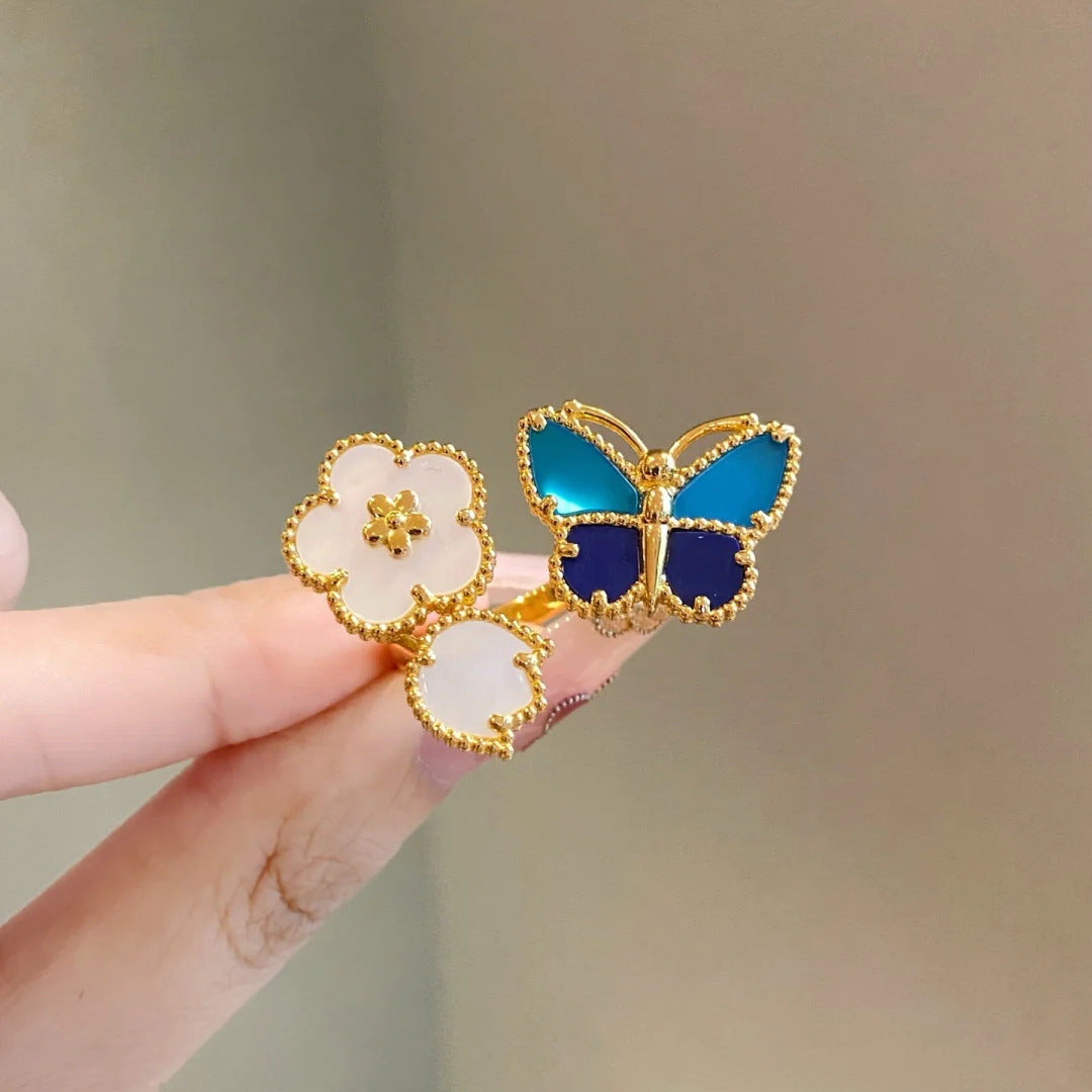 18K Gold Plated Blue Butterfly Five-Flower Bracelet, Necklace, Ring and Earrings, Mother Of Pearl With Green Leaf Charms
