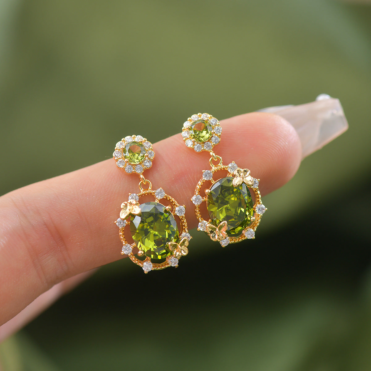 Butterfly olive green zircon hollow earrings ear clip ring bracelet necklace
