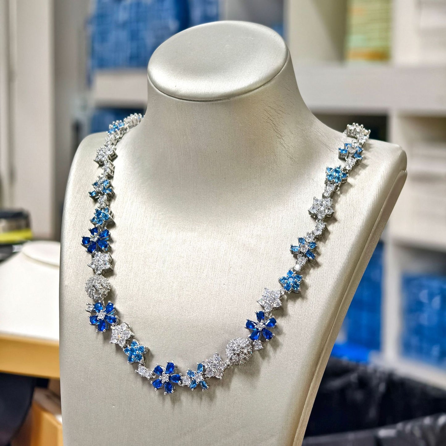 Aquamarine Zircon Necklace Ring Stud Bracelet Set