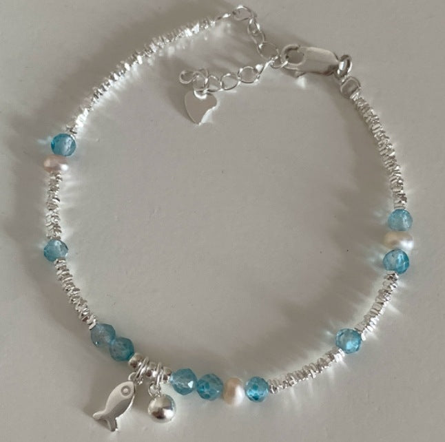 S925 sterling silver blue crystal fish freshwater pearl silver bracelet