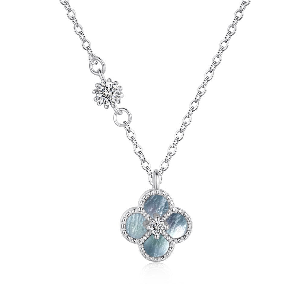 S925 Sterling Silver Four-Leaf Clover Natural Pearly Gray Mother-of-Pearl Round Zircon Bracelet Necklace Earrings