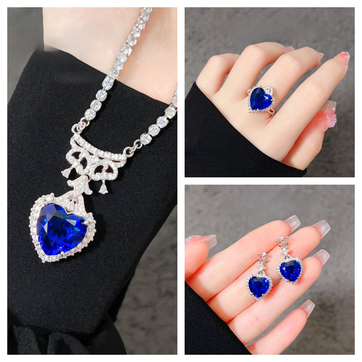 Zircon love blue diamond colorful necklace ring earrings set